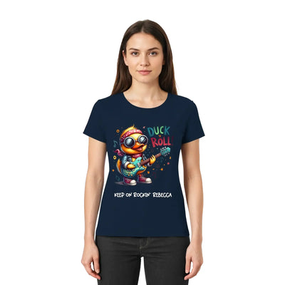 Marine blaue damen t-shirt mit buntem Cartoon entenmotiv in sonnenbrille an e-gitarre mit Ente roll Text
