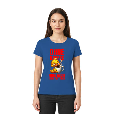 Blaue damen t shirt mit gelbem cartoon küken und dampfender kaffeetasse mit rotem deutschem text duck n roll statement collection