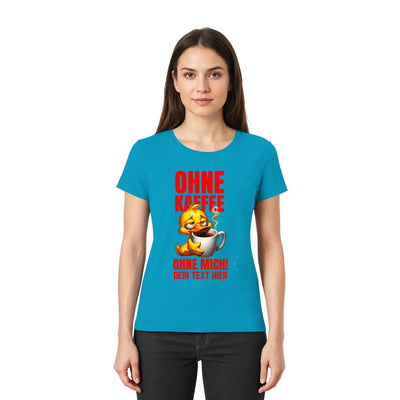 Leuchtendes türkisfarbenes damen t-shirt mit gelbem cartoon küken das kaffee trinkt und roten deutschen texten