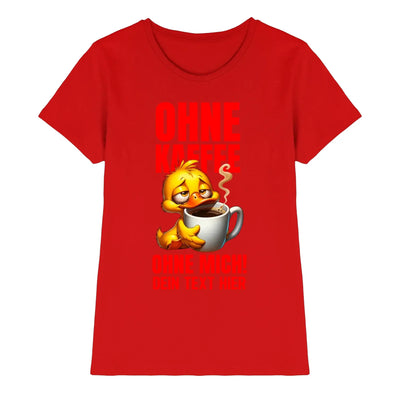 Rotes damen t-shirt mit gelber cartoonente und dampfender kaffeetasse aus der duck n roll statement collection