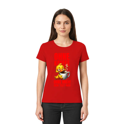 Rotes damen enges t-shirt mit gelbem cartoon küken das kaffeetasse trinkt und fettem roten text duck n roll entwurf