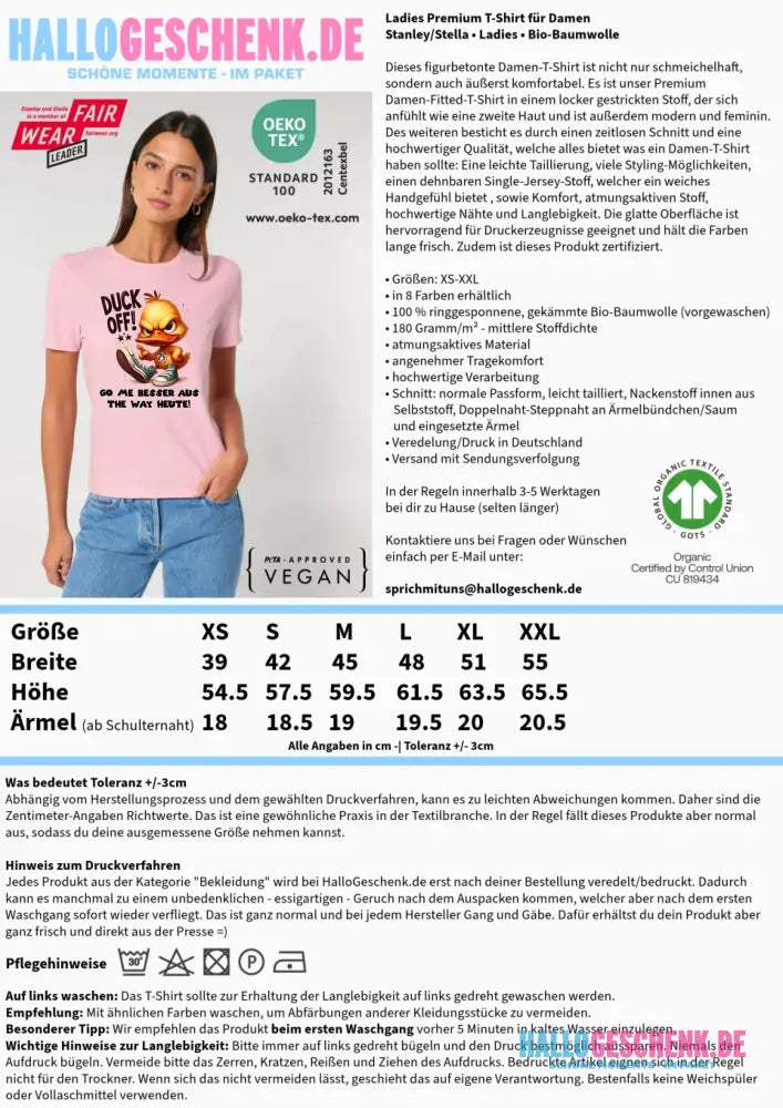 DUCK OFF • ENTE • Ladies Premium T-Shirt XS-2XL aus Bio-Baumwolle für Damen • Exklusivdesign • personalisiert