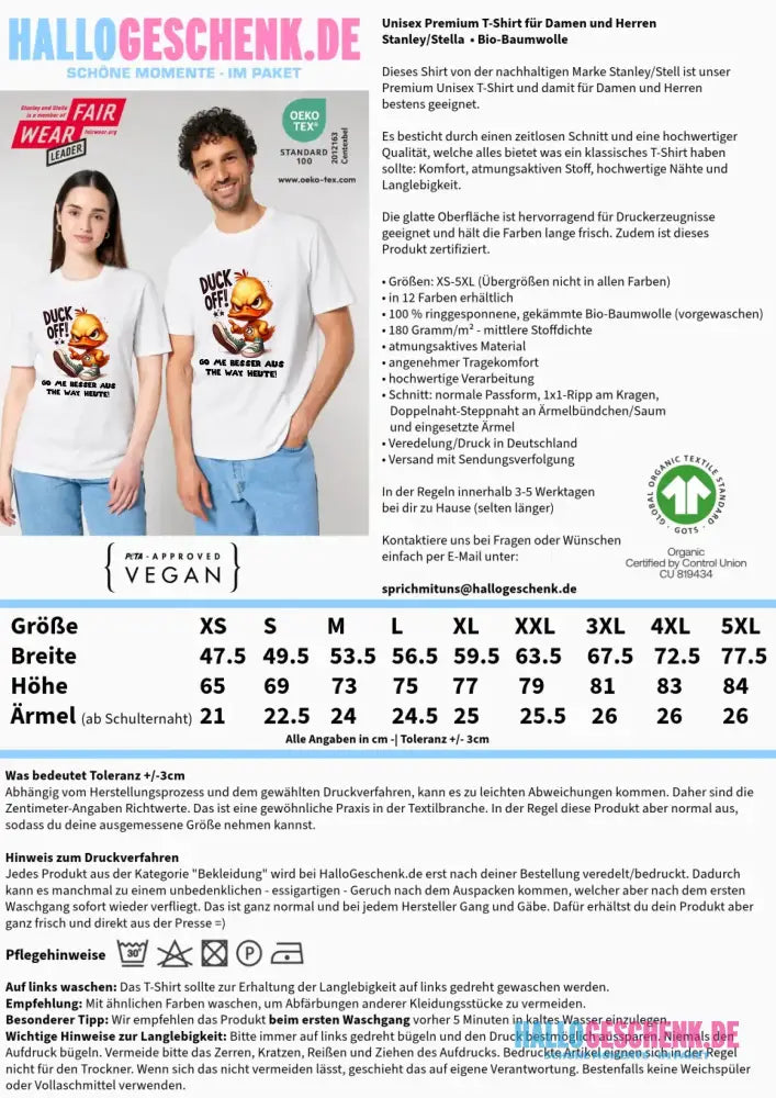 DUCK OFF • ENTE • Unisex Premium T-Shirt XS-5XL aus Bio-Baumwolle für Damen & Herren • Exklusivdesign • personalisiert