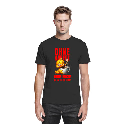 Schwarzes t-shirt mit gelbem cartoonküken und kaffee, roter deutscher text duck off statement-shirt
