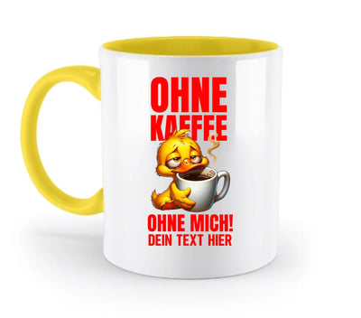 Weiße keramiktasse mit gelbem griff und innenfarbe, cartoonente mit kaffeetasse und rotem deutschen text duck off