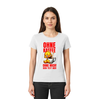Weiße baumwoll t-shirt mit cartoon gelber ente die kaffee trinkt und rotem deutschen text duck off statement collection