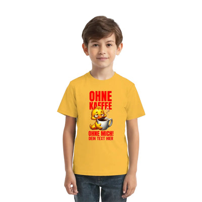 Gelbes kurzarmshirt mit cartoonente und kaffeetasse sowie rotem statement text duck off aus der entenmotive sammlung