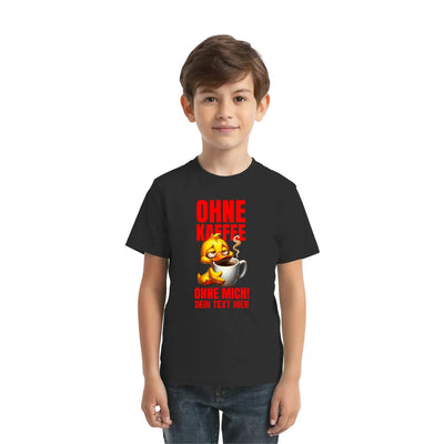 Schwarzes kurzarmshirt mit gelbem cartoonküken und dampfender kaffeetasse aus der statement-collection duck off