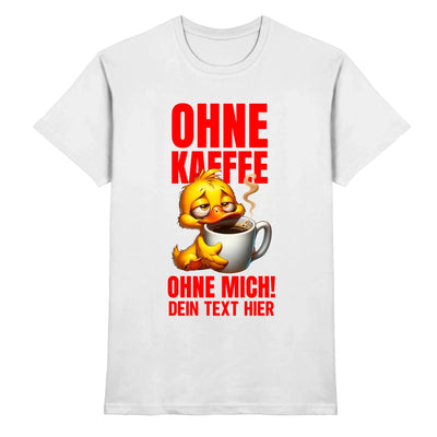 Weißes baumwollshirt mit gelber ente und dampfender kaffetasse mit rotem schriftzug duck off aus der statement-collection