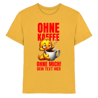 Gelbes t shirt mit cartoon ente und dampfender kaffeetasse sowie rotem text duck off statement collection