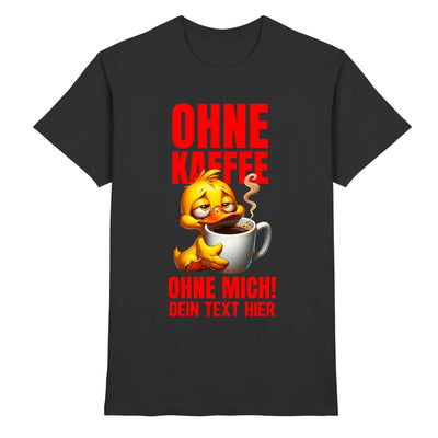 Schwarzes t-shirt mit gelber cartoonente, die eine weiße kaffeetasse hält und rotem deutschen text, duck off statement collection