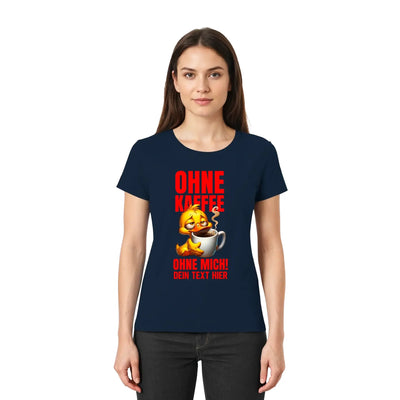 Navyblaue damen tshirt mit gelbem cartoonküken das kaffee trinkt und rotem duck off statement text in deutsch