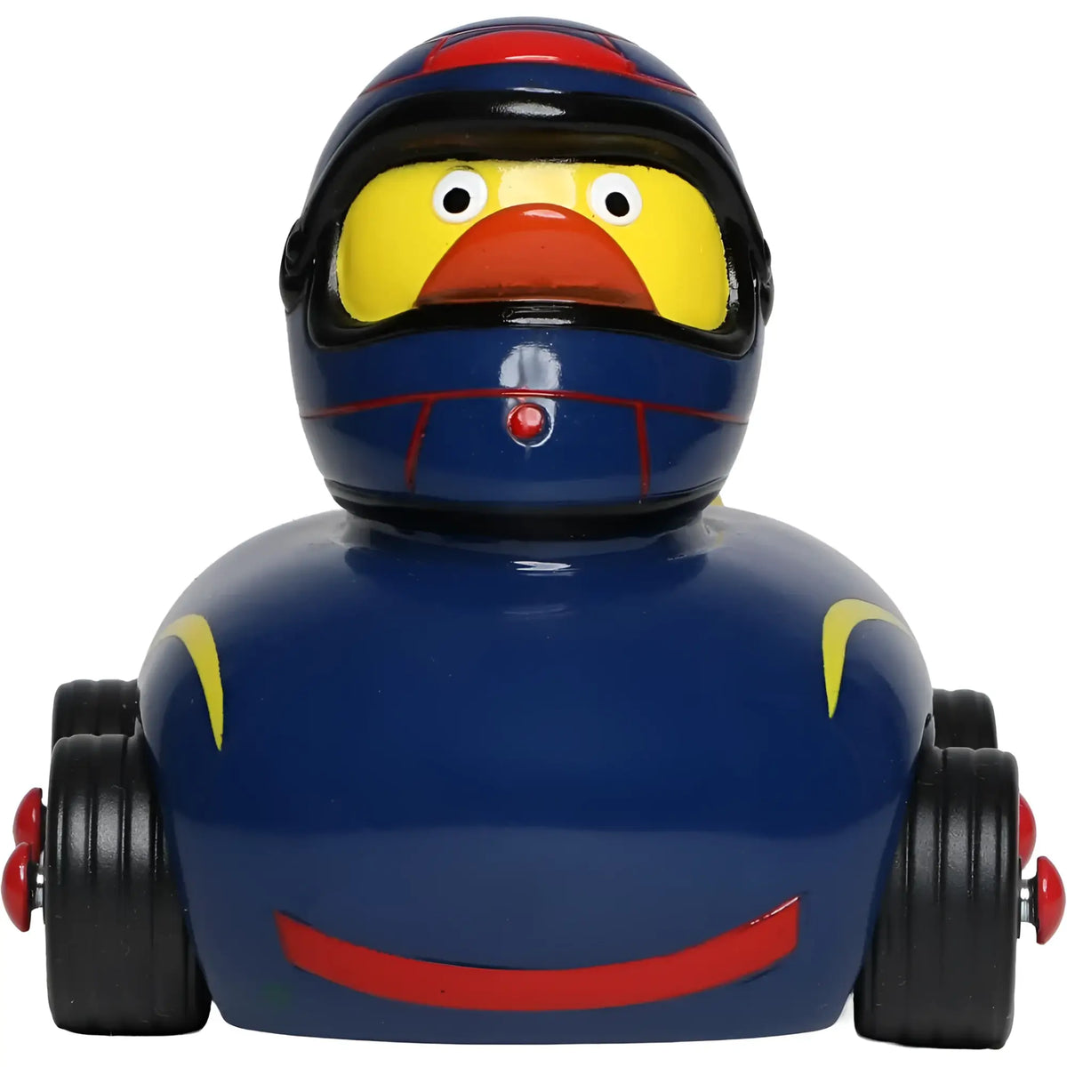 Blauer gummienten-rennfahrer mit glänzendem helm und roten akzenten aus der ducks on wheels serie von schnabels