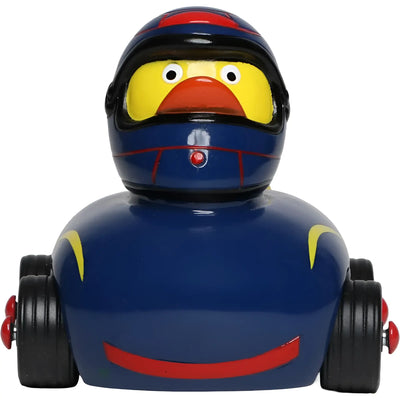 Blauer gummienten-rennfahrer mit glänzendem helm und roten akzenten aus der ducks on wheels serie von schnabels