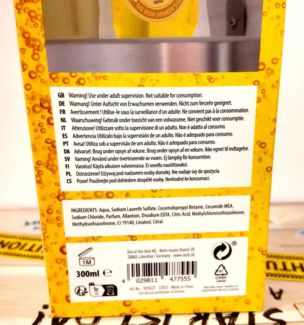 Gelbe kartonverpackung der rückseite für 300ml duschgel mit zitronenduft in pet-beutel von out von blau ks
