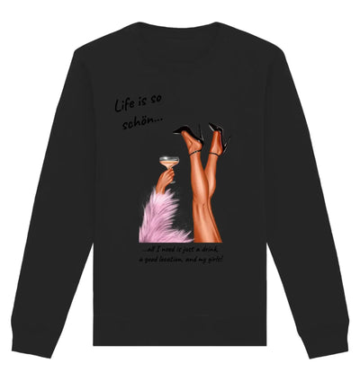 Black langarmshirt mit grafik von beinen in high heels und cocktail mit pinker feder und life is so schön text