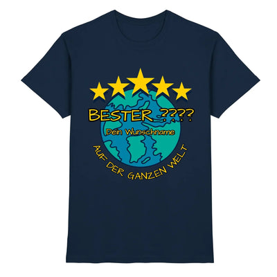 Marine blaue baumwoll t shirt mit Petrolfarben globe und fünf gelben sternen personalisierbar mit wunschtext bester dein wunschname auf der ganzen welt