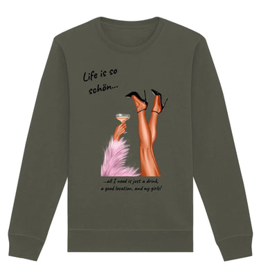 Olivegrüner damen sweatshirt mit langen ärmeln und party-beine grafik high heels martiniglas und life is so schön text