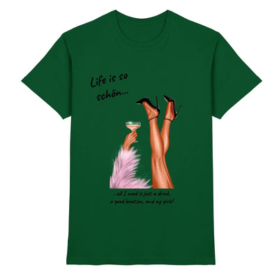 Dunkelgrünes baumwoll-tshirt mit grafik von beinen in schwarzen high heels und cocktailglas aus der ladies party-beine statement-collection