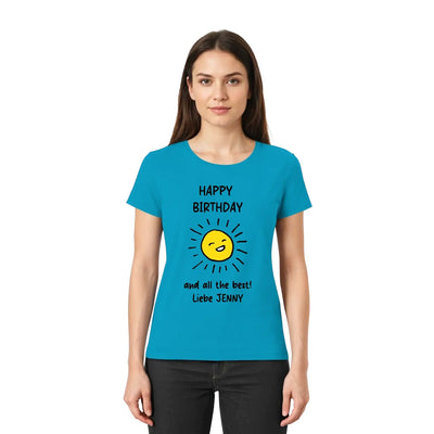 Petrolfarben damen t-shirt mit kurzem arm und fröhlicher sonne geburtstag motiv und text liebe jenny aus der statement collection
