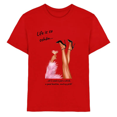 Rotes baumwollshirt mit grafik schwarzer highheel-beine cocktail rosa federboa und text aus der statement-collection