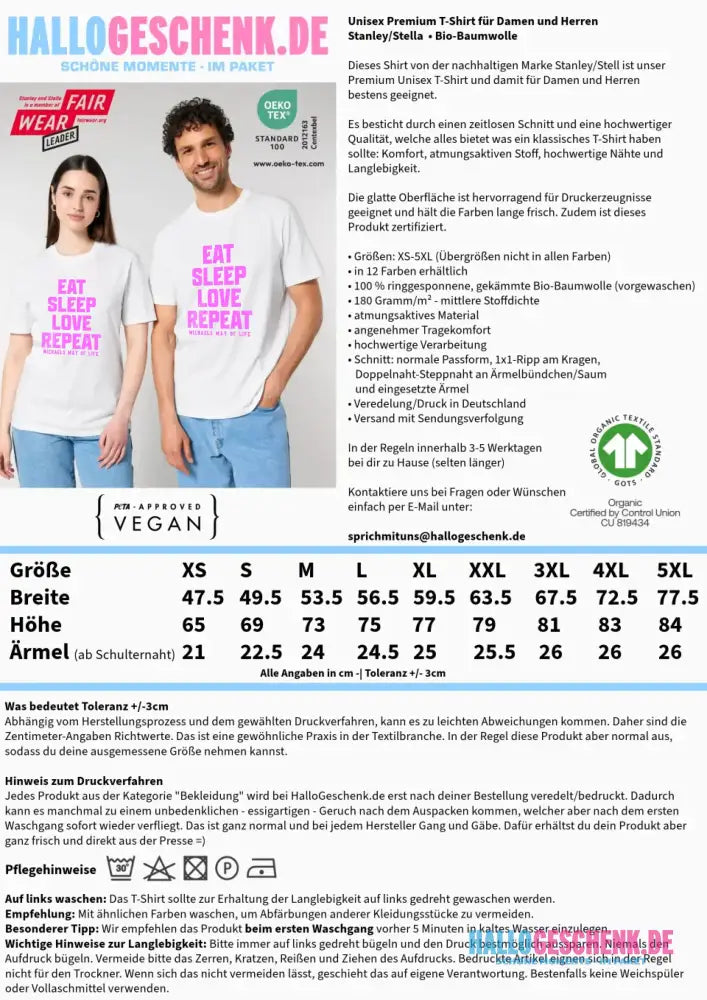 EAT SLEEP LOVE REPEAT + WUNSCHTEXT • Unisex Premium T-Shirt XS-5XL aus Bio-Baumwolle für Damen & Herren • Exklusivdesign • personalisiert