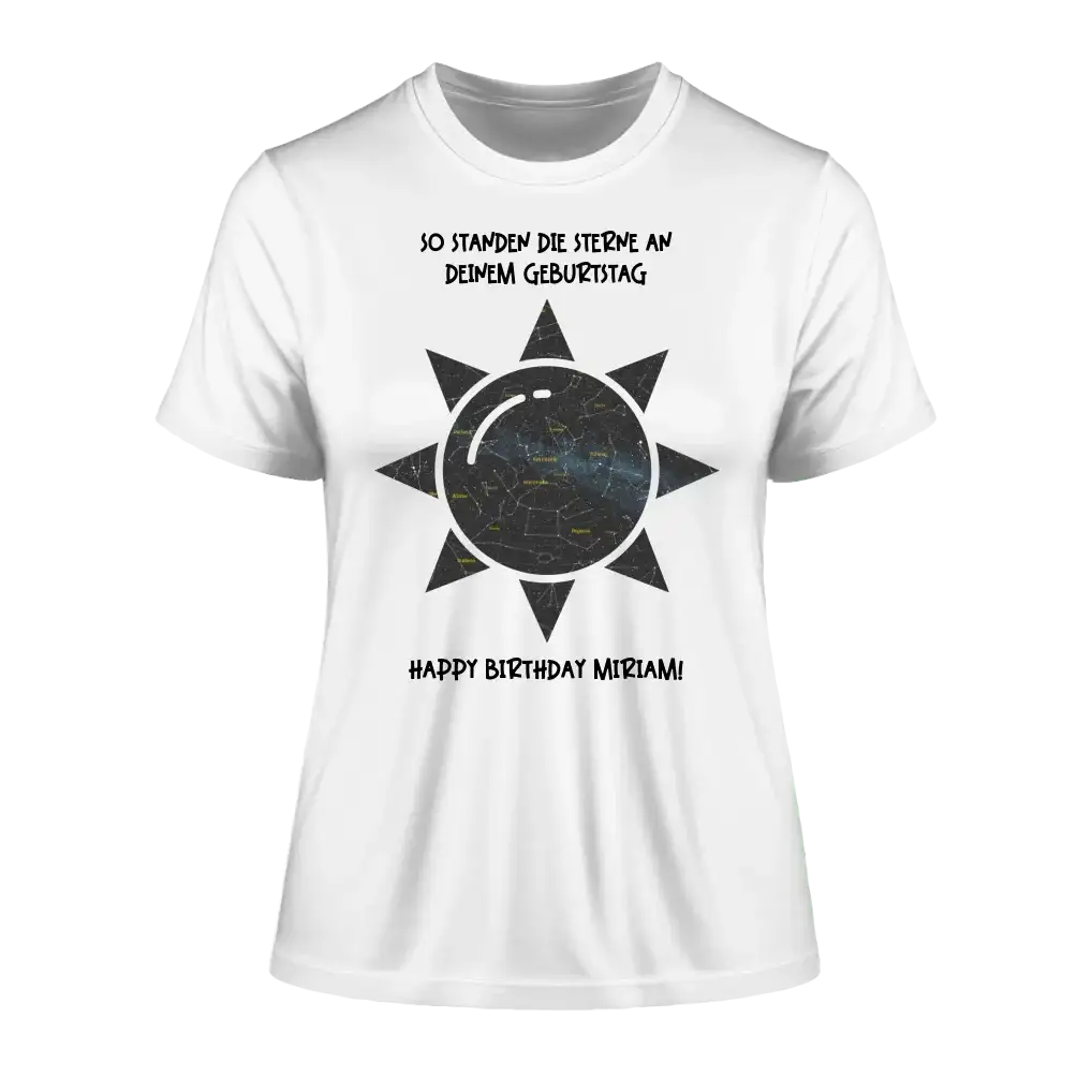 Echte Sternenkarte in Sonnenform mit Ort/Zeit und deinem Text • Ladies Premium T-Shirt XS-2XL aus Bio-Baumwolle für Damen • Exklusivdesign • personalisiert