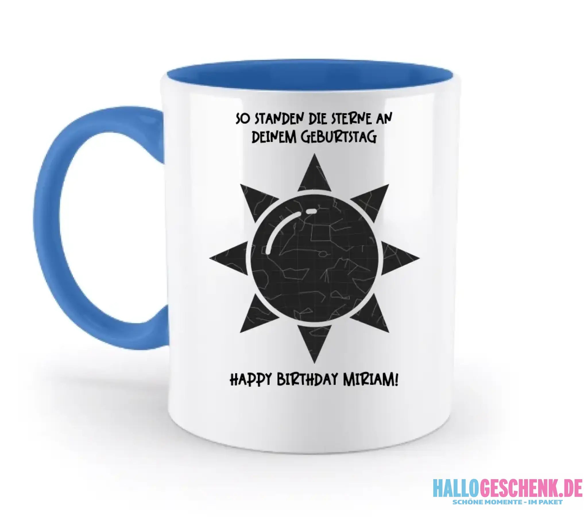 Echte Sternenkarte in Sonnenform mit Ort/Zeit und deinen Text • zweifarbige Tasse • Exklusivdesign • personalisiert