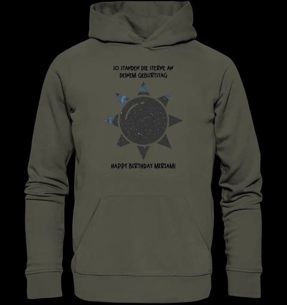 Echte Sternenkarte in Sonnenform mit Ort/Zeit und deinem Text • Unisex Premium Hoodie XS-5XL aus Bio-Baumwolle für Damen & Herren • Exklusivdesign • personalisiert