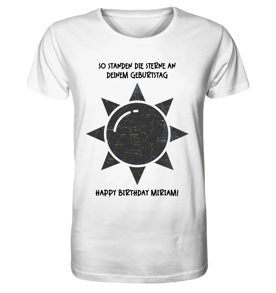 Echte Sternenkarte in Sonnenform mit Ort/Zeit und deinem Text • Unisex Premium T-Shirt XS - 5XL aus Bio - Baumwolle für Damen & Herren • Exklusivdesign • personalisiert von HalloGeschenk.de