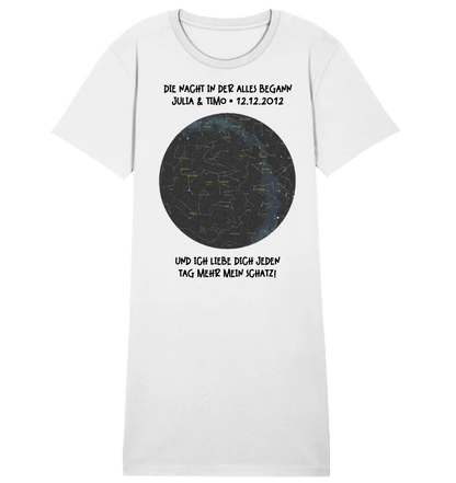 Echte Sternenkarte mit Ort/Zeit und deinem Text • Ladies Premium T-Shirt Kleid aus Bio - Baumwolle S - 2XL • Exklusivdesign • personalisiert von HalloGeschenk.de