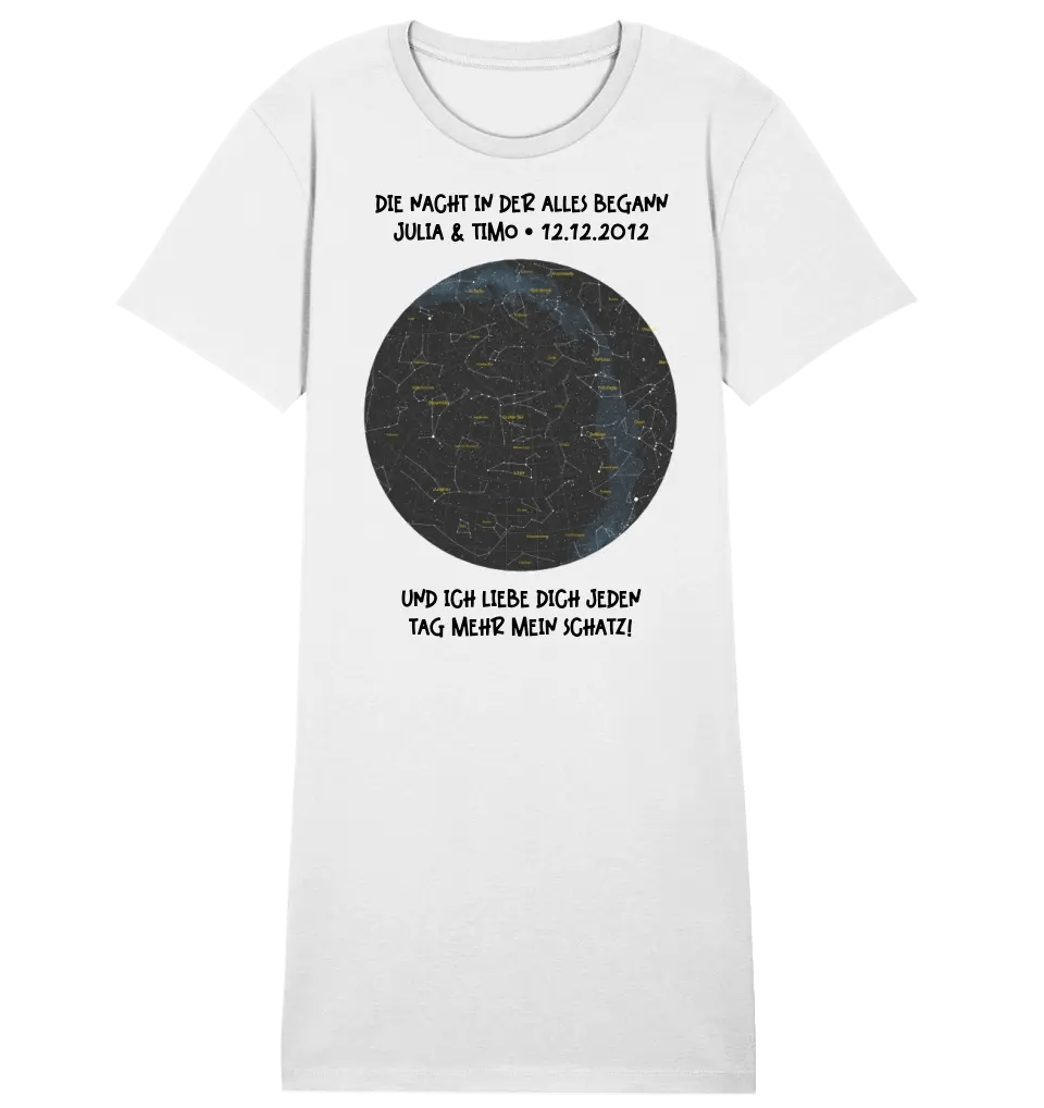 Echte Sternenkarte mit Ort/Zeit und deinem Text • Ladies Premium T-Shirt Kleid aus Bio - Baumwolle S - 2XL • Exklusivdesign • personalisiert von HalloGeschenk.de