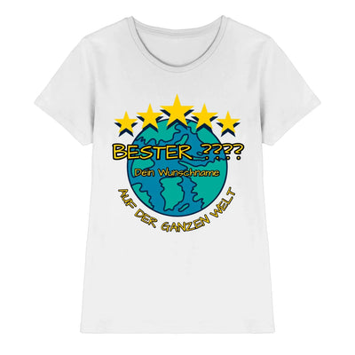 Weißer baumwoll t shirt mit buntem globus grafik und gelben sternen plus deutscher text personalisiert