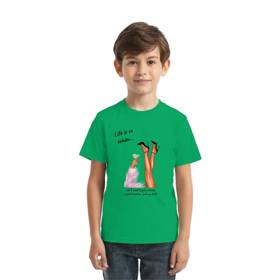 Grünes damen t-shirt mit kurzen ärmeln und grafikdruck party-beine mit high heels und text life is so schöön