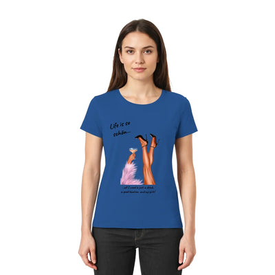 Blaues damen t shirt aus baumwolle mit grafik von beinen in high heels und cocktail aus der statement collection