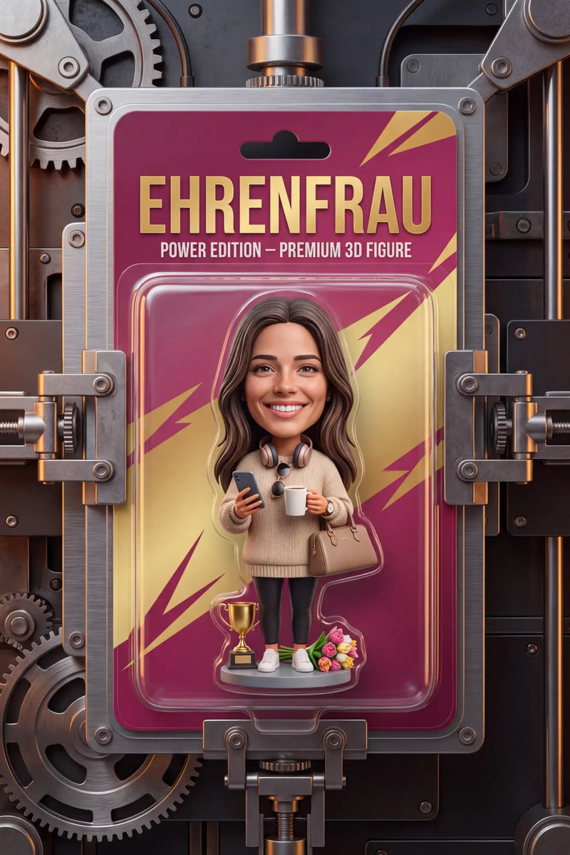 Ehrenfrau Power Edition Premium 3D-Figur in einer transparenten Kunststoff-Blisterverpackung mit bordeauxroter und goldener Verpackung, mit einer lächelnden Frau mit langem braunem Haar, die einen beigen Pullover, schwarze Hosen, weiße Sneaker trägt, Kopfhörer, ein Smartphone hält und