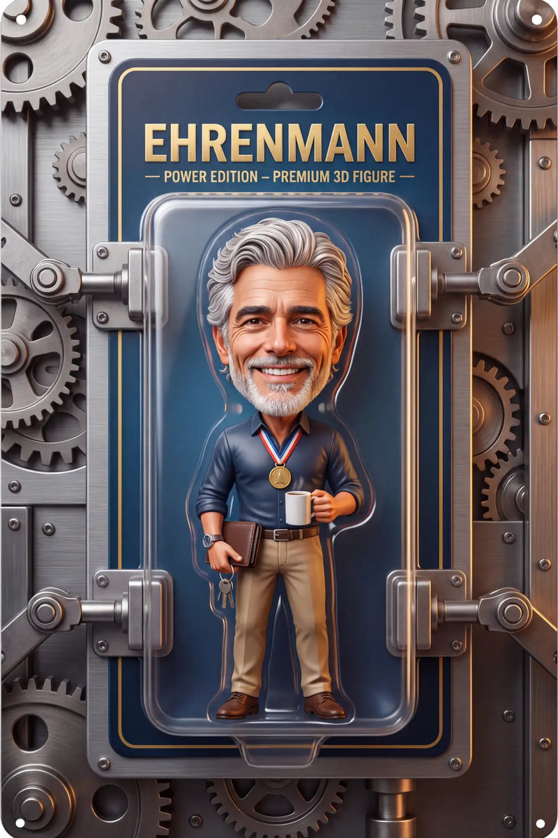 Ehrenmann Power Edition Premium 3D-Figur mit einer Karikatur eines Mannes mit grauem Haar und Bart, gekleidet in ein blaues Hemd und beiger Hose.