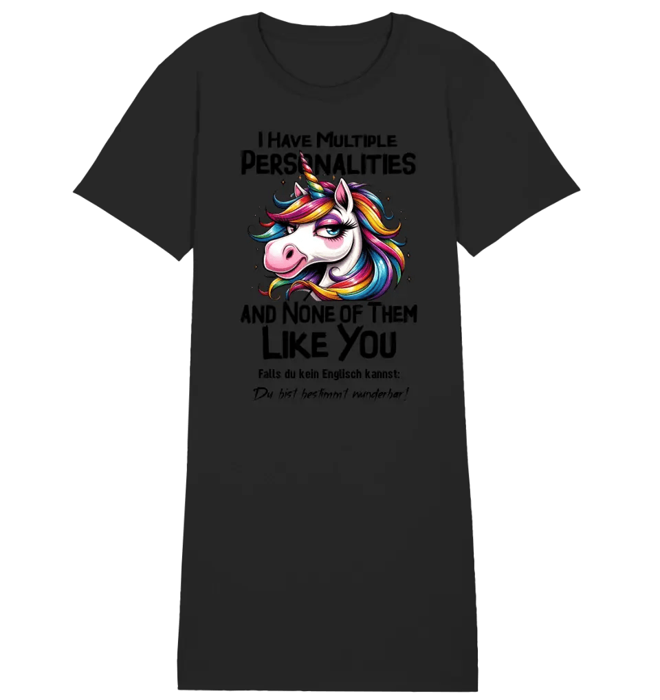 Einhorn - Multiple Persönlichkeit • 4 Versionen • Ladies Premium T-Shirt Kleid aus Bio - Baumwolle S - 2XL • Exklusivdesign • personalisiert von HalloGeschenk.de