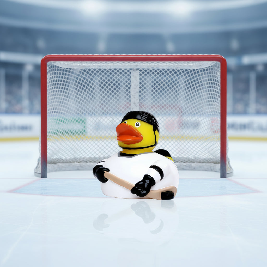 Gelbe quietscheente als eishockey spieler mit schwarzem helm, holzschläger und weißem trikot mit schwarzen streifen