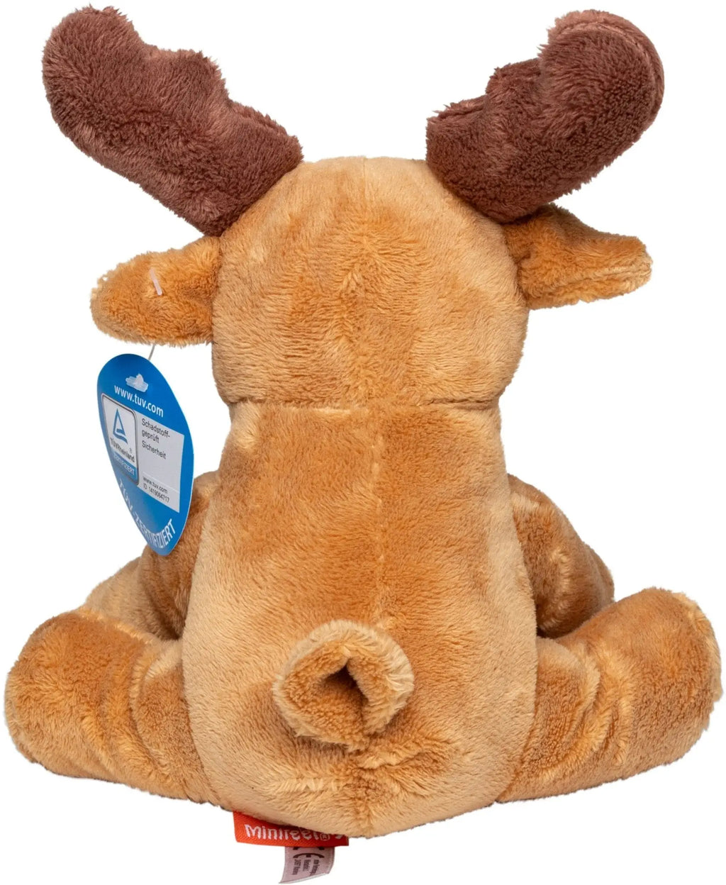 Ein plüschtier elch emil aus weichem braunem stoff mit flauschigem fell und passenden braunen geweihen für weihnachten