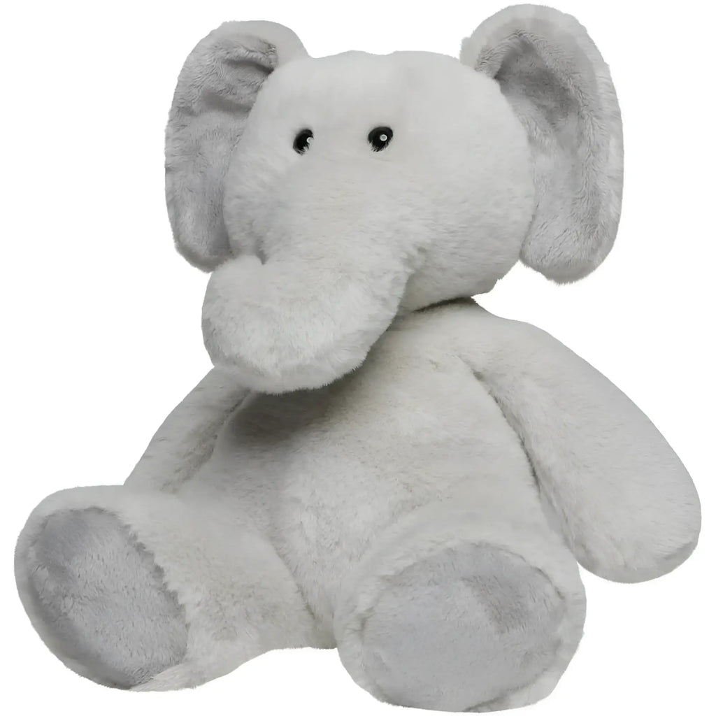 Ein weiches, hellgraues plüschelefant kuscheltier mit schwarzen knopfaugen und sanftem design