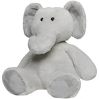 Ein weiches, hellgraues plüschelefant kuscheltier mit schwarzen knopfaugen und sanftem design