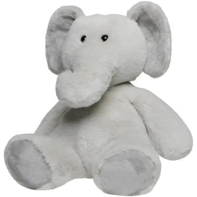 Ein weiches, hellgraues plüschelefant kuscheltier mit schwarzen knopfaugen und sanftem design