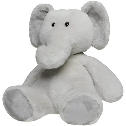 Ein weiches, hellgraues plüschelefant kuscheltier mit schwarzen knopfaugen und sanftem design