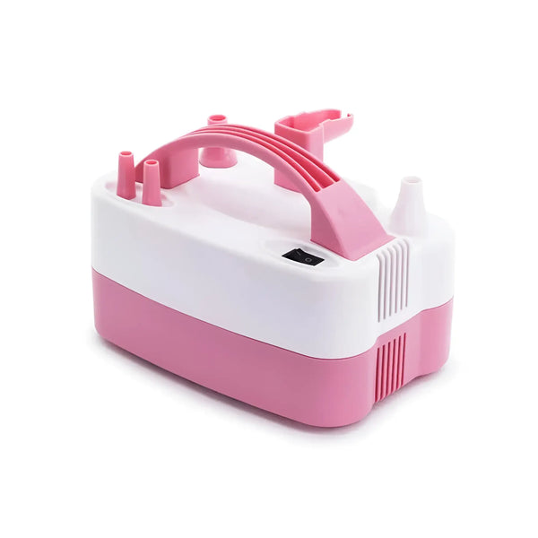 Elektrische pumpe für luftballons in pink und weiß mit griff, zwei ausgängen, mehreren düsen und lüftungsschlitzen