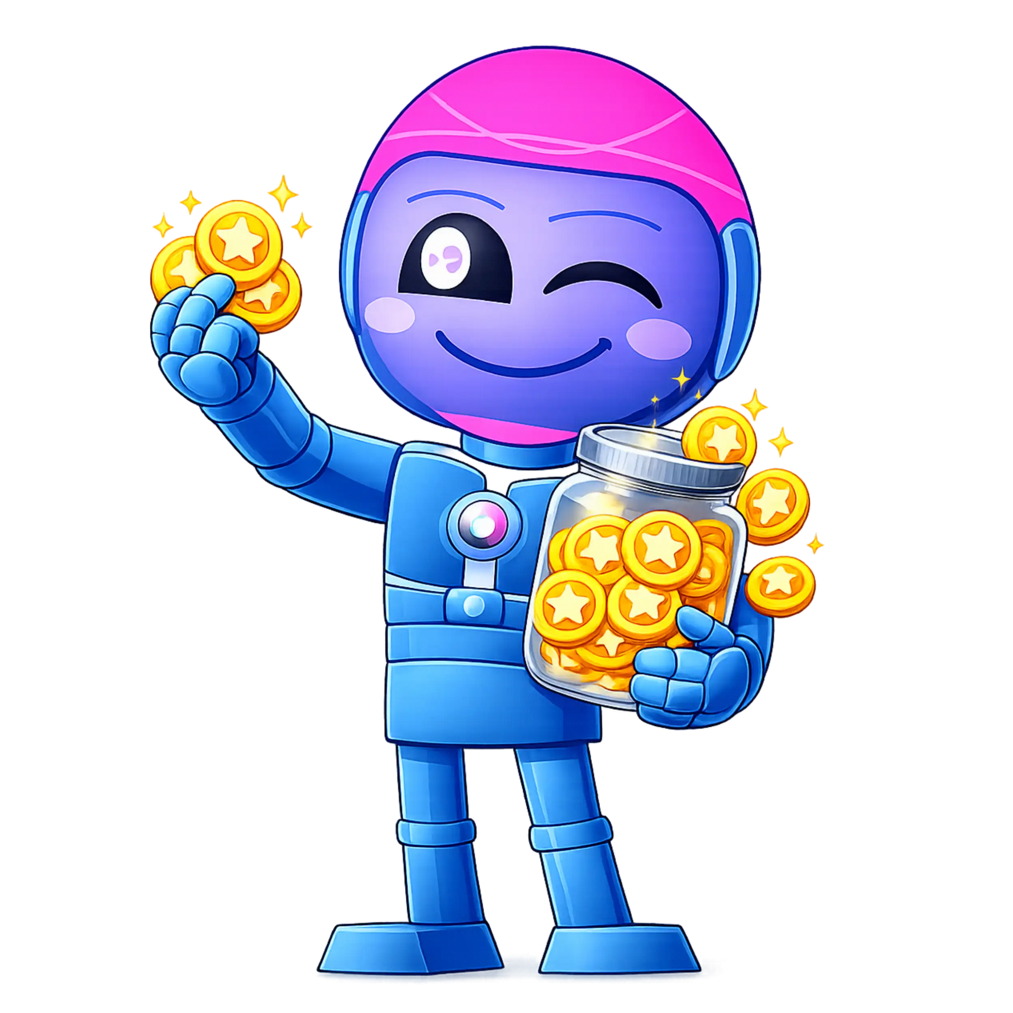 Ein fröhlicher blauer Roboter mit einem pinken Helm hält in einer Hand goldene Sternmünzen hoch und ein klares Glasgefäß, das mit mehr goldenen Sternen gefüllt ist.