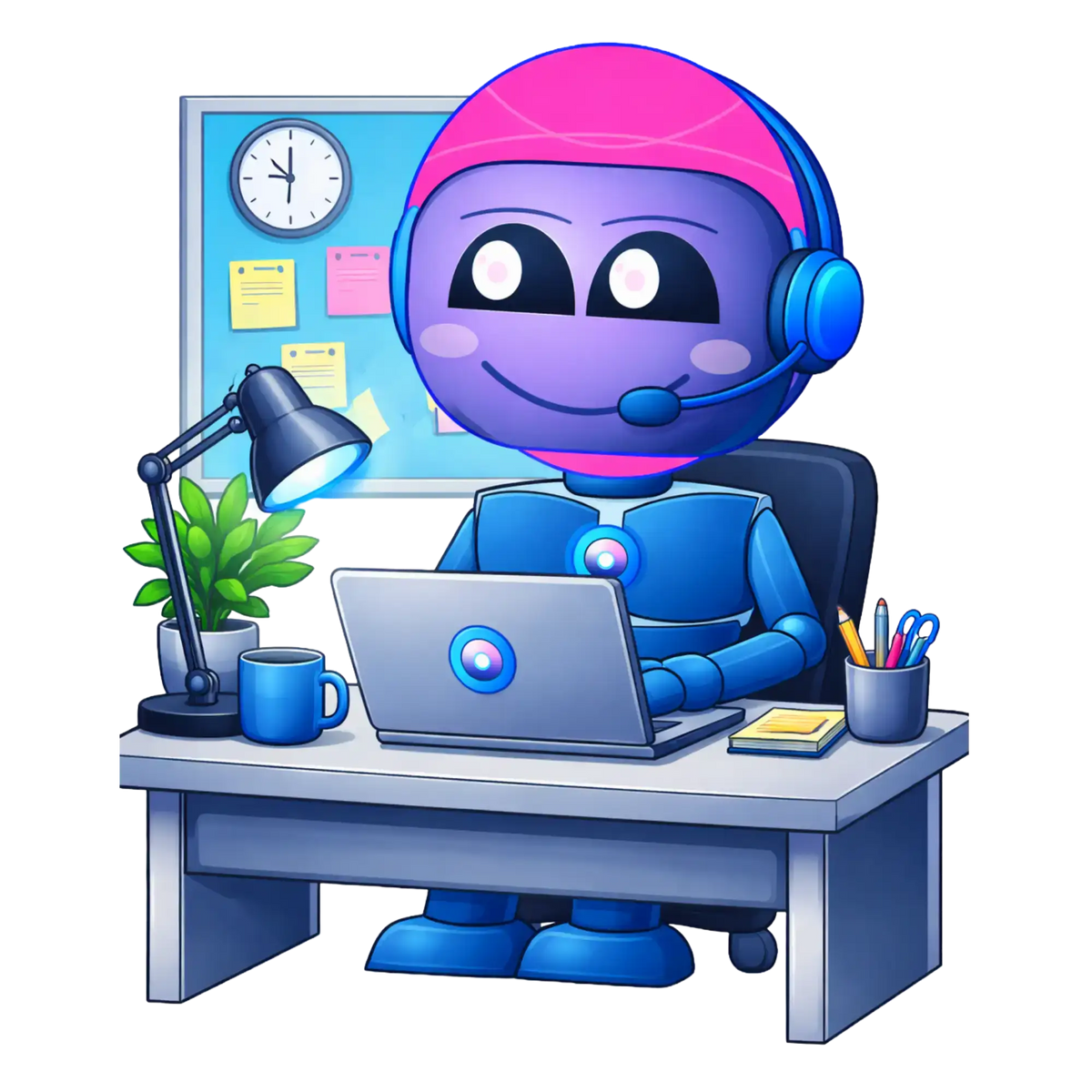 Lila Roboter mit pinkfarbenem Helm und blauem Headset, in einem blauen Anzug mit kreisförmigen Akzenten.