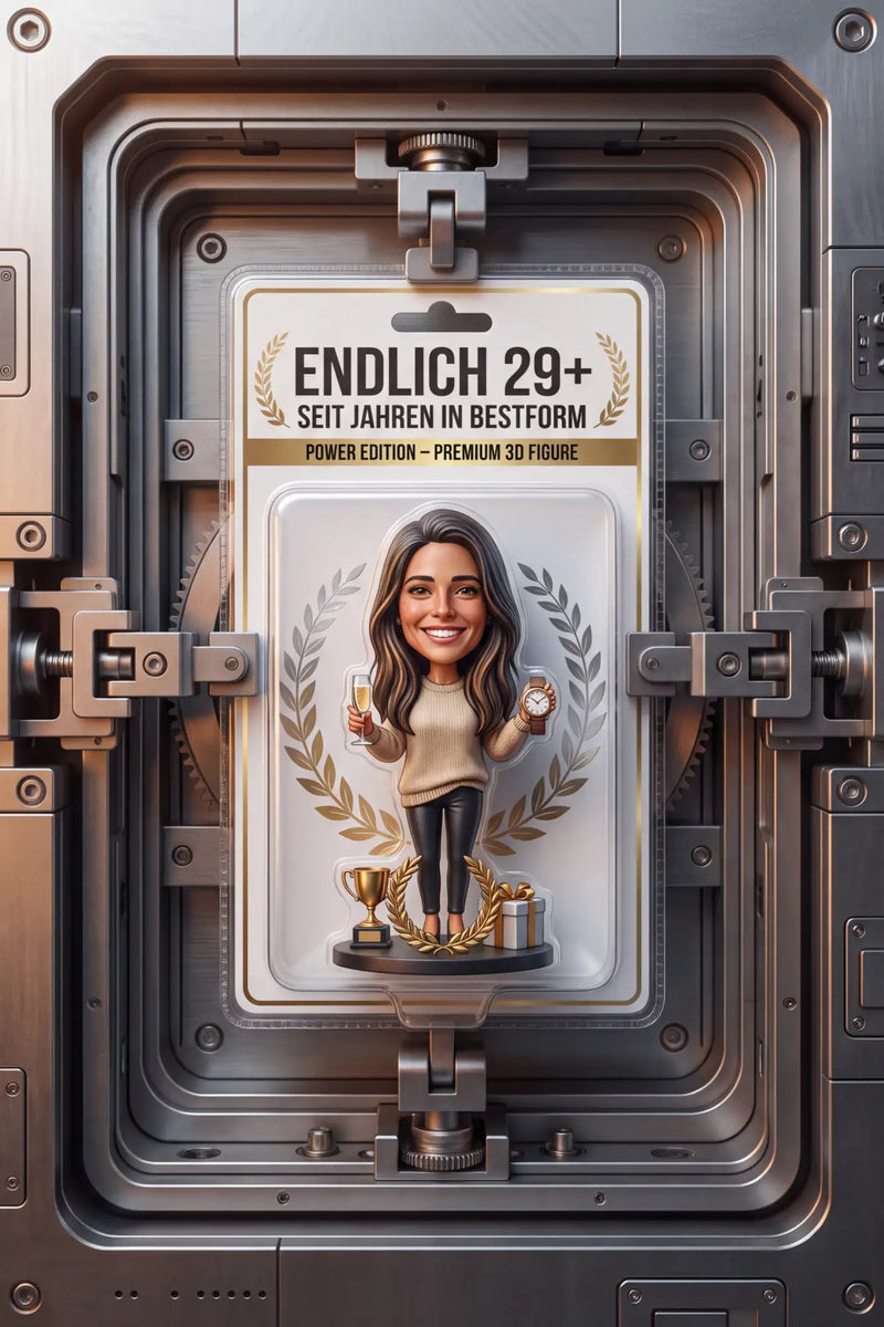Eine glänzende weiße und goldene 3D-Figur einer lächelnden Frau im beigen Pullover und schwarzen Hosen, die Champagnergläser mit Trophäen und Geschenken unter den Füßen hält.