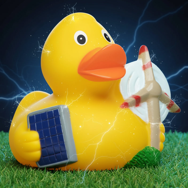 Gelbe quietsche-ente aus gummi mit solarpanel und windrad als energieberater badeente
