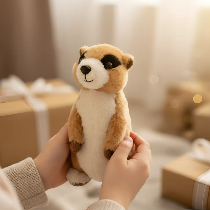Ein weiches plüschtier erdmännchen jürgen mit beigem und weißem fell und schwarzen augenflecken aus stoff